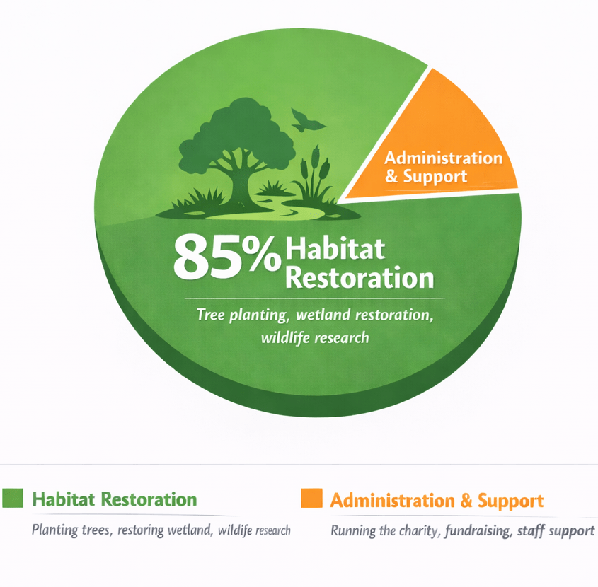 Pie chart showing donation allocation for the Natural World Fund: 80% to Habitat Restoration for tree planting, wetland restoration, wildlife research, and 20% to Administration & Support for charity operations and fundraising.