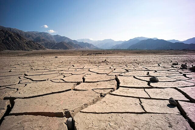 Cracked, dry earth during severe drought showing the impact of climate change on land and water resources
