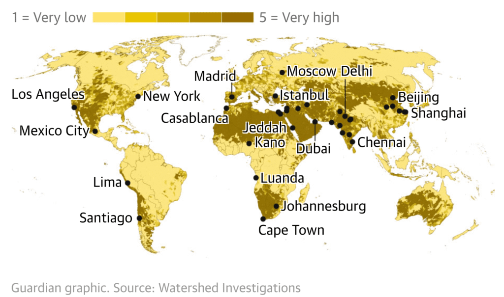Global water security atlas map showing water stress, drying and wetting trends across the world’s 100 largest cities.