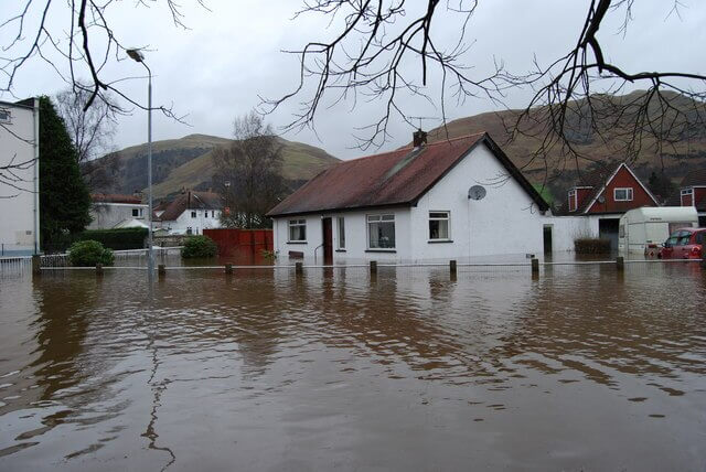 Flooding in a UK town caused by extreme weather and environmental risk