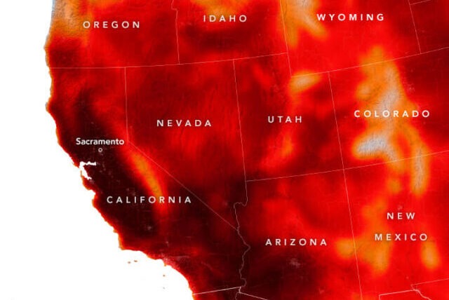 Map of the United States showing widespread heatwave conditions, with large areas affected by unusually high temperatures across multiple regions.