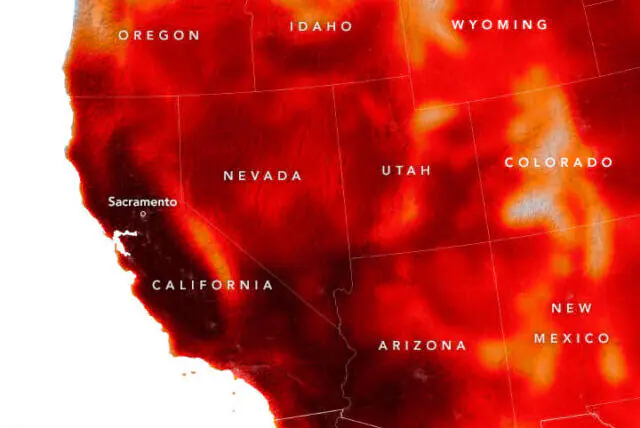 Map of the United States showing widespread heatwave conditions, with large areas affected by unusually high temperatures across multiple regions.