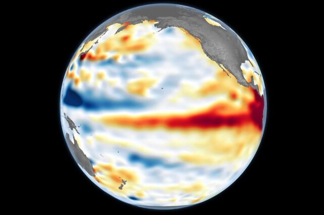 Globe showing El Niño sea temperature anomalies across the Pacific Ocean