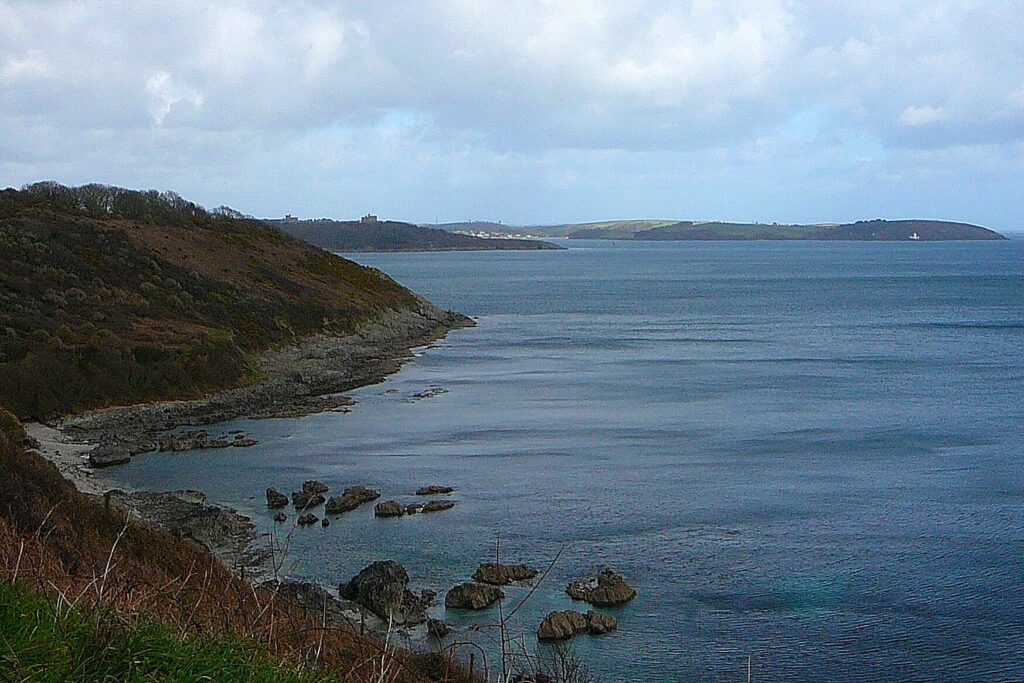 Falmouth Bay coastline in Cornwall where seagrass restoration is taking place