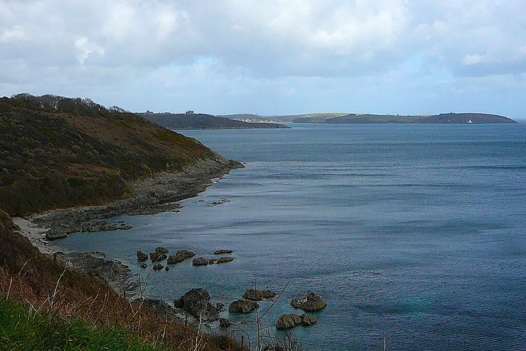 Falmouth Bay coastline in Cornwall where seagrass restoration is taking place